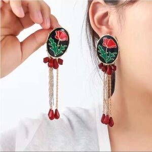 Gold Chain Enamel Rose Earrings